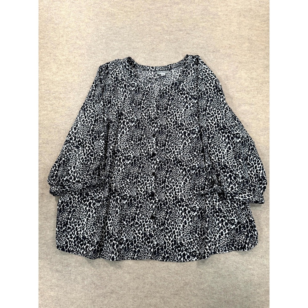 Catherines Blouse Shirt Womens 5X Black White Animal Print Casual Button Front